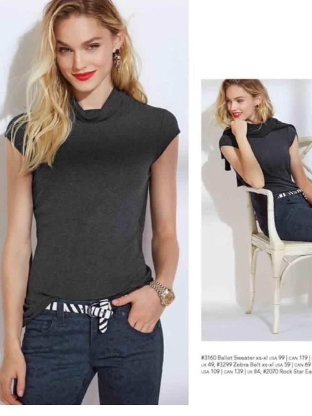 Cabi Cap Sleeve Turtleneck Top Charcoal Gray Womens XL